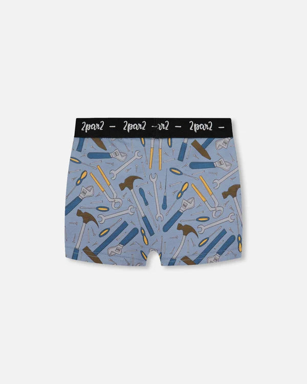 Deux Par Deux Organic Cotton Boxer Shorts - Tools On Bluish Gray Background