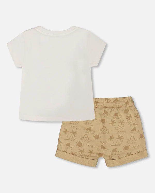 Deux Par Deux Short Sleeve Tee &amp; Terry Short Set - Printed Shark &amp; Van