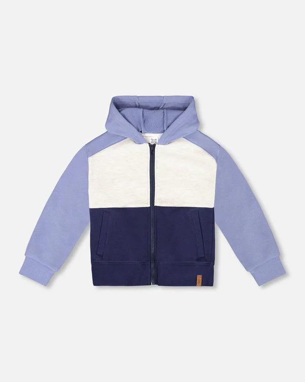 Deux Par Deux French Terry Color Block Full Zip Hoodie Cardigan Sweatshirt  - Peacoat