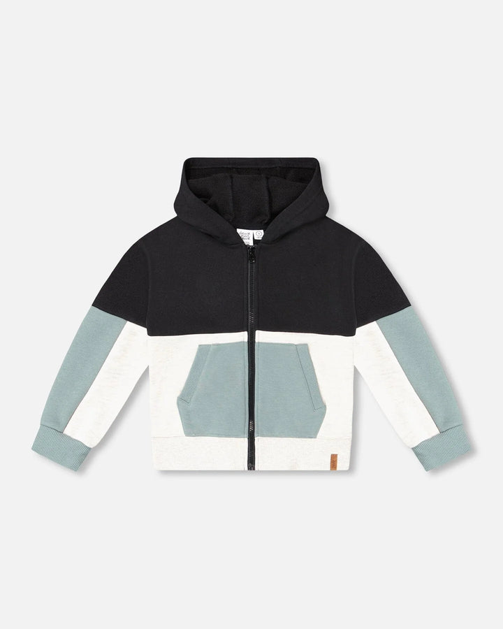 Deux Par Deux French Terry Color Block Full Zip Hoodie Cardigan Sweatshirt  - Anthracite