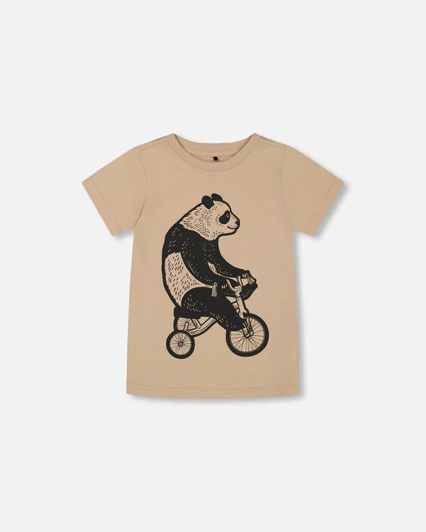 Deux Par Deux Organic Cotton Graphic Tee - Black Panda On Beige Background