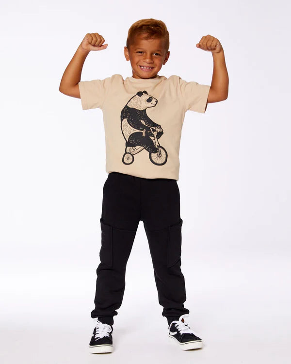 Deux Par Deux Organic Cotton Graphic Tee - Black Panda On Beige Background