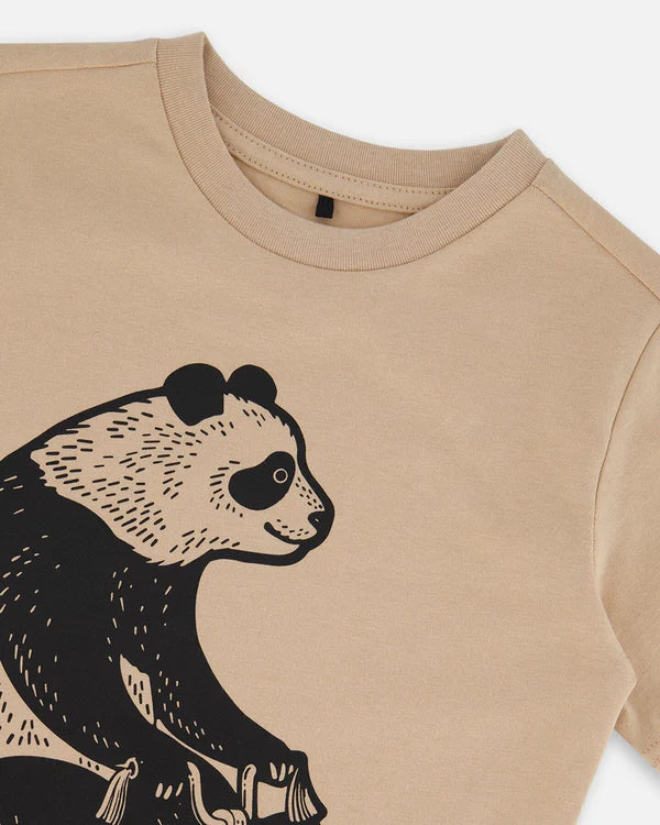 Deux Par Deux Organic Cotton Graphic Tee - Black Panda On Beige Background