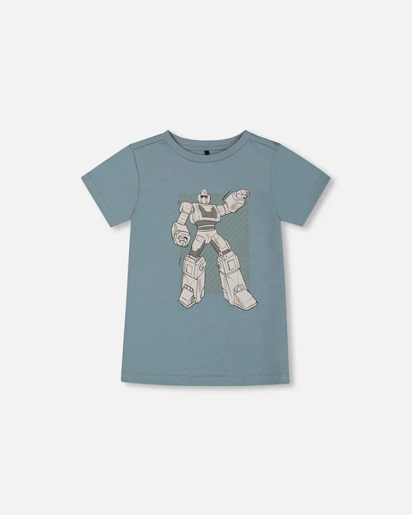 Deux Par Deux Organic Cotton Graphic Tee - Grayish Teal And Robot