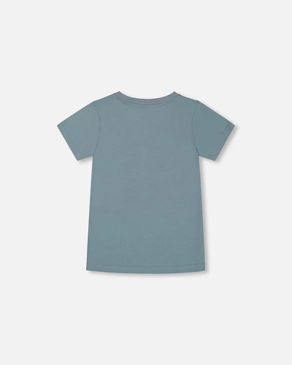 Deux Par Deux Organic Cotton Graphic Tee - Grayish Teal And Robot
