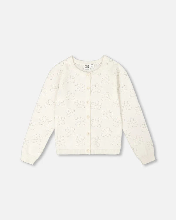 Deux Par Deux Pointelle Knit Cardigan Sweater - White