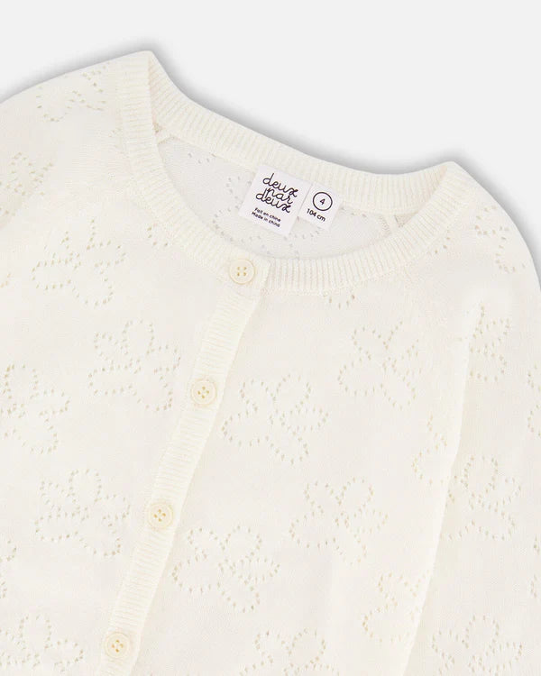 Deux Par Deux Pointelle Knit Cardigan Sweater - White