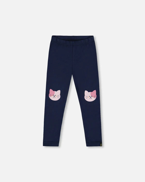 Deux Par Deux Organic Cotton Jersey Leggings - Dark Blue with Cats