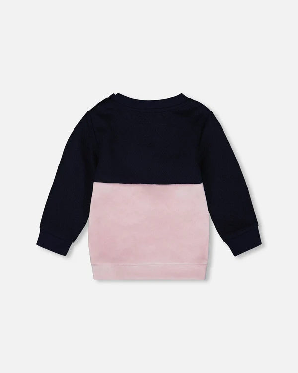 Deux Par Deux Long Bi-Material Top - Black Iris/Navy &amp; Pink Cat