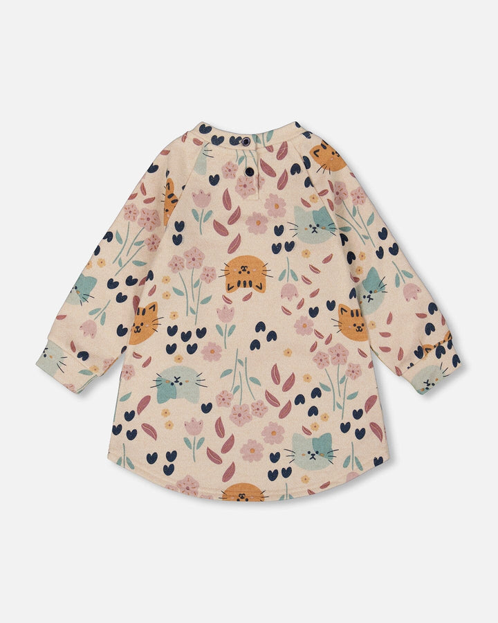 Deux Par Deux Glittering French Terry Dress - Beige Printed Cat