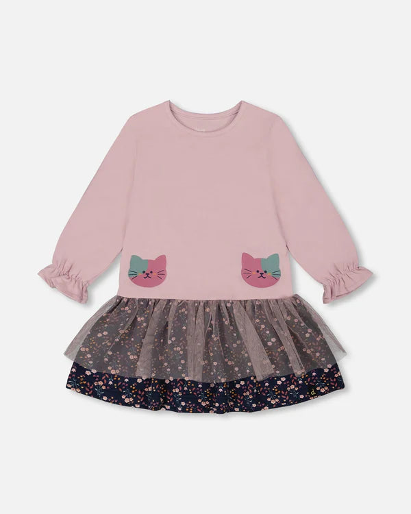 Deux Par Deux Bi-Material Dress - Dawn/Dusty Pink Cat