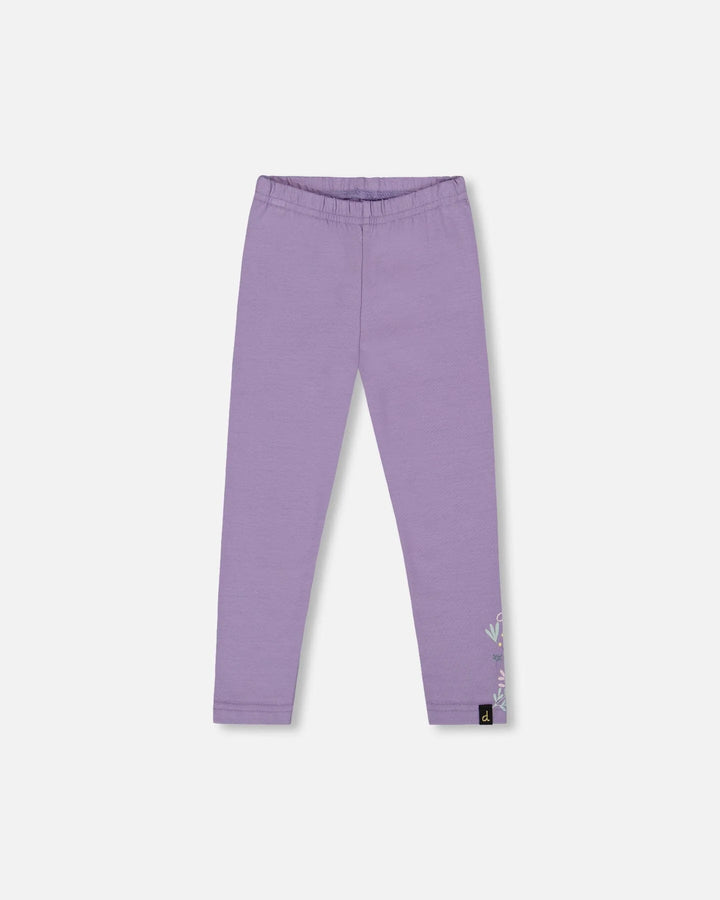 Deux Par Deux Organic Cotton Jersey Leggings - Purple With Floral Detail