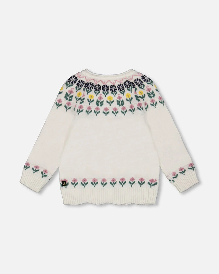 Deux Par Deux Jacquard Knit Cardigan - Off White Floral