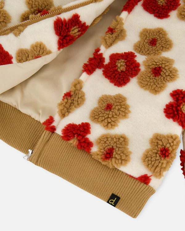 Deux Par Deux Full Zip Sherpa Jacket  - Jacquard Floral Pattern Beige/Red