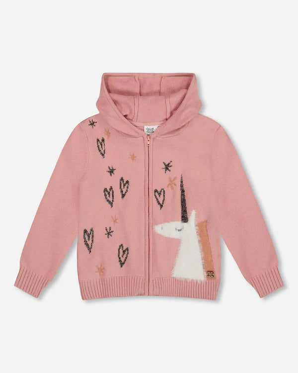 Deux Par Deux Zippered Hoodie - Dusty Pink Unicorn &amp; Hearts