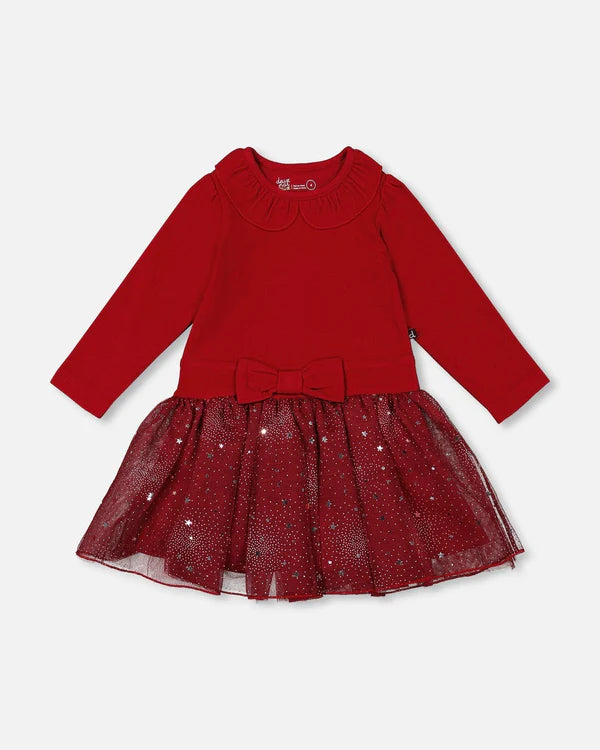 Deux Par Deux Bi-Material Dress with Glitter Skirt - Jester Red