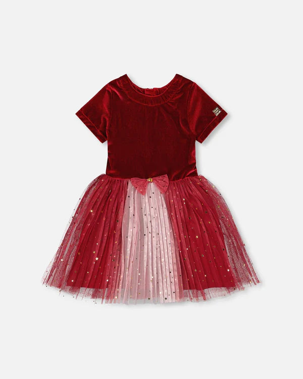 Deux Par Deux Bi-Material Short Sleeve Party Dress - Jester Red