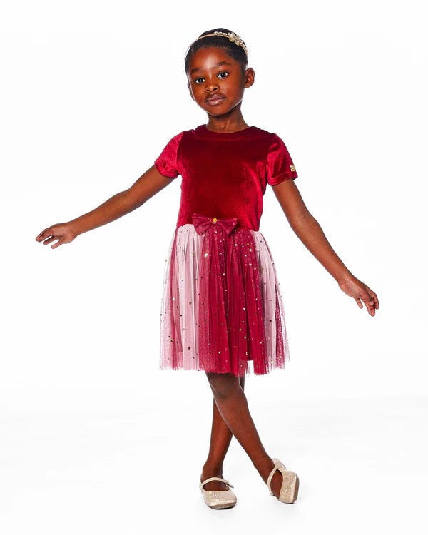 Deux Par Deux Bi-Material Short Sleeve Party Dress - Jester Red