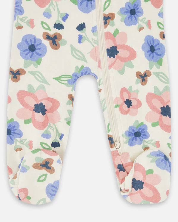 Deux Par Deux Organic Cotton Footie - Printed Off White Flowers