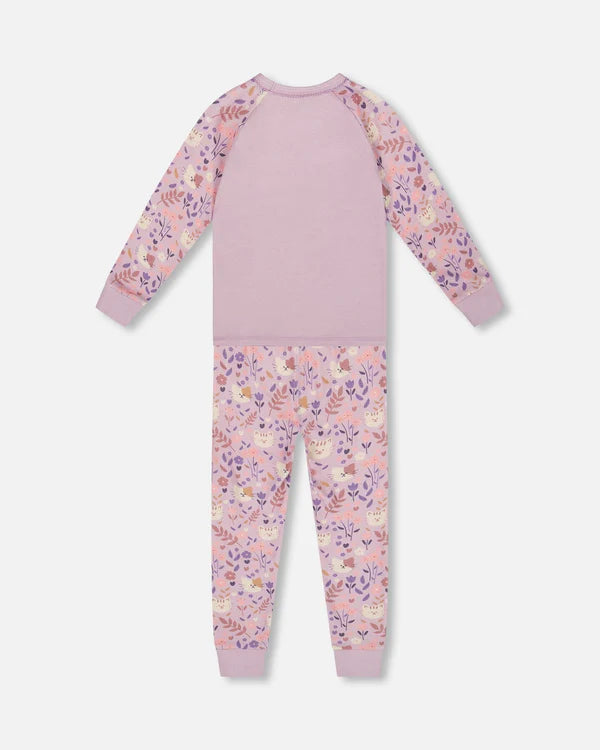 Deux Par Deux Organic Cotton Long Sleeve Pajama Set - Printed Lilac Cats