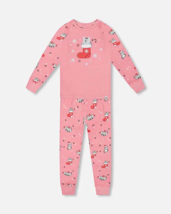 Deux Par Deux Organic Cotton Long Sleeve Pajama Set - Pink Printed Cats &amp; Snowflakes