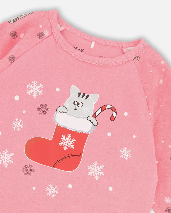 Deux Par Deux Organic Cotton Long Sleeve Pajama Set - Pink Printed Cats &amp; Snowflakes