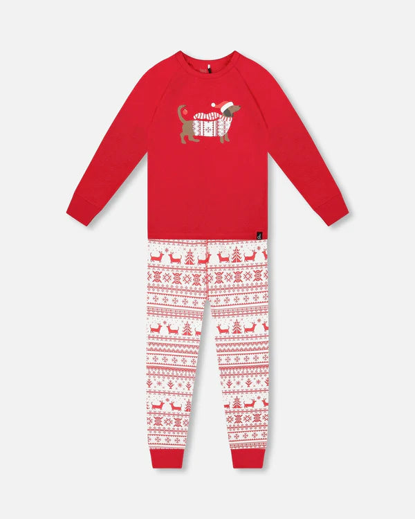 Deux Par Deux Organic Cotton 2pc Pajama Set - Red &amp; White Fairisle