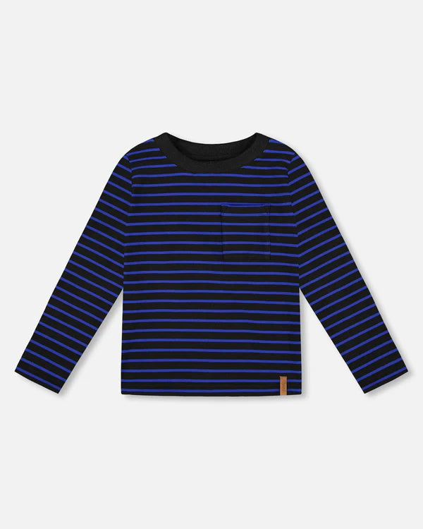 Deux Par Deux Long Sleeve Brushed Jersey Tee - Striped Black/Navy