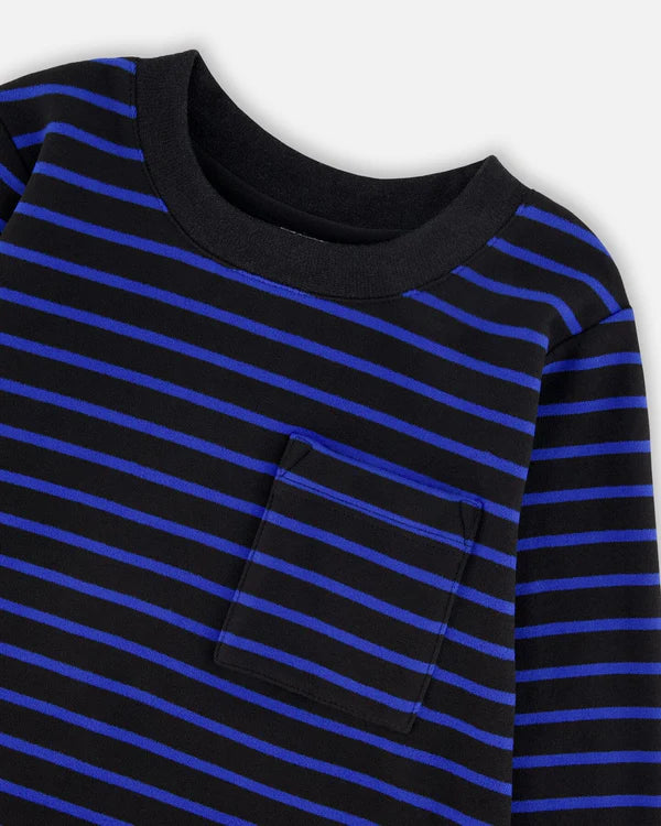 Deux Par Deux Long Sleeve Brushed Jersey Tee - Striped Black/Navy