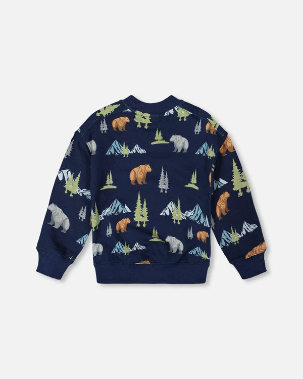 Deux Par Deux Pullover Fleece Sweatshirt - Navy Animals