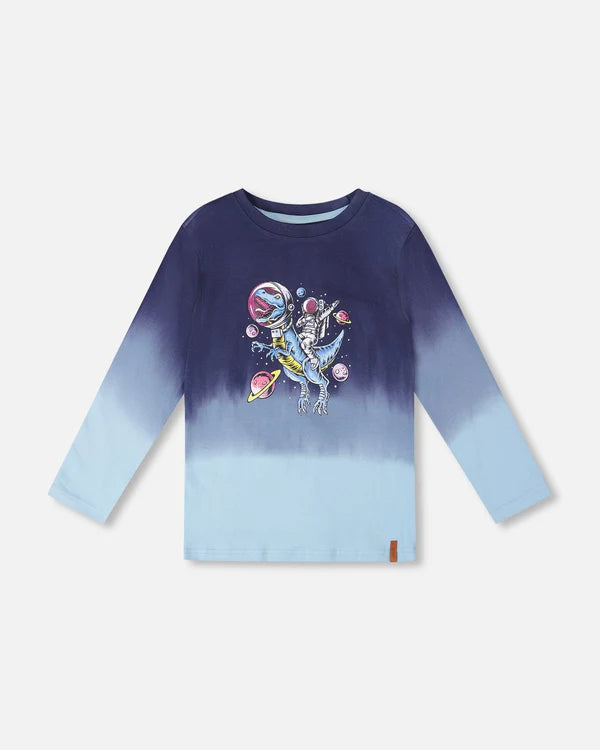 Deux Par Deux Organic Cotton Long Sleeve Tee - Gradient Mood Indigo Space Dino