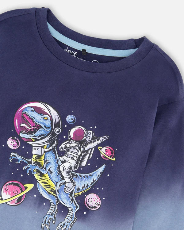 Deux Par Deux Organic Cotton Long Sleeve Tee - Gradient Mood Indigo Space Dino