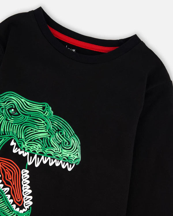 Deux Par Deux Organic Cotton T-Shirt - India Ink Dinosaur