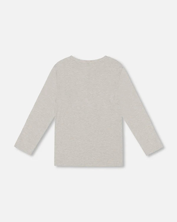 Deux Par Deux Long Sleeve Organic Cotton T-Shirt with Pocket - Oatmeal Heather Beige
