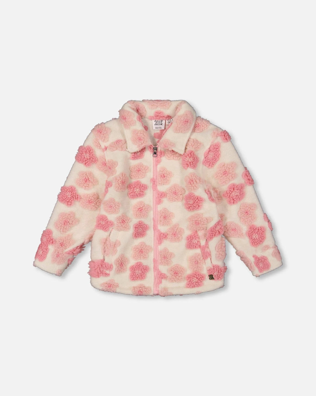 Deux Par Deux Zipped Sherpa Jacket - Off White/Pink with Flowers