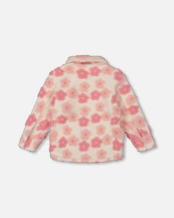 Deux Par Deux Zipped Sherpa Jacket - Off White/Pink with Flowers