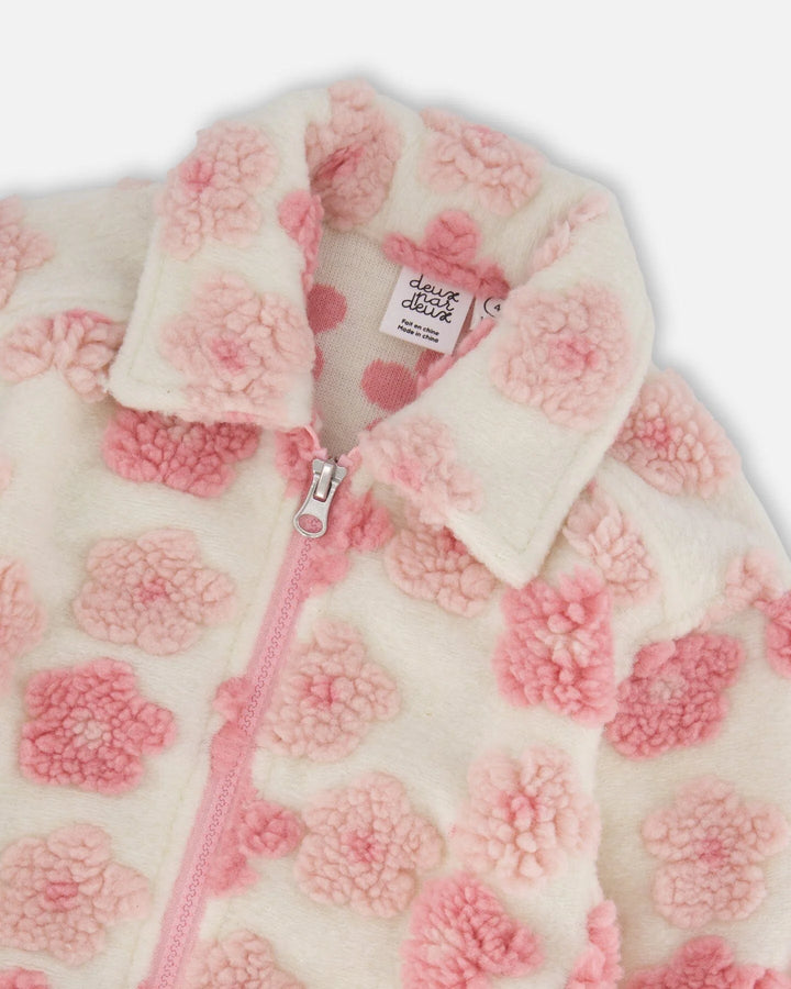 Deux Par Deux Zipped Sherpa Jacket - Off White/Pink with Flowers