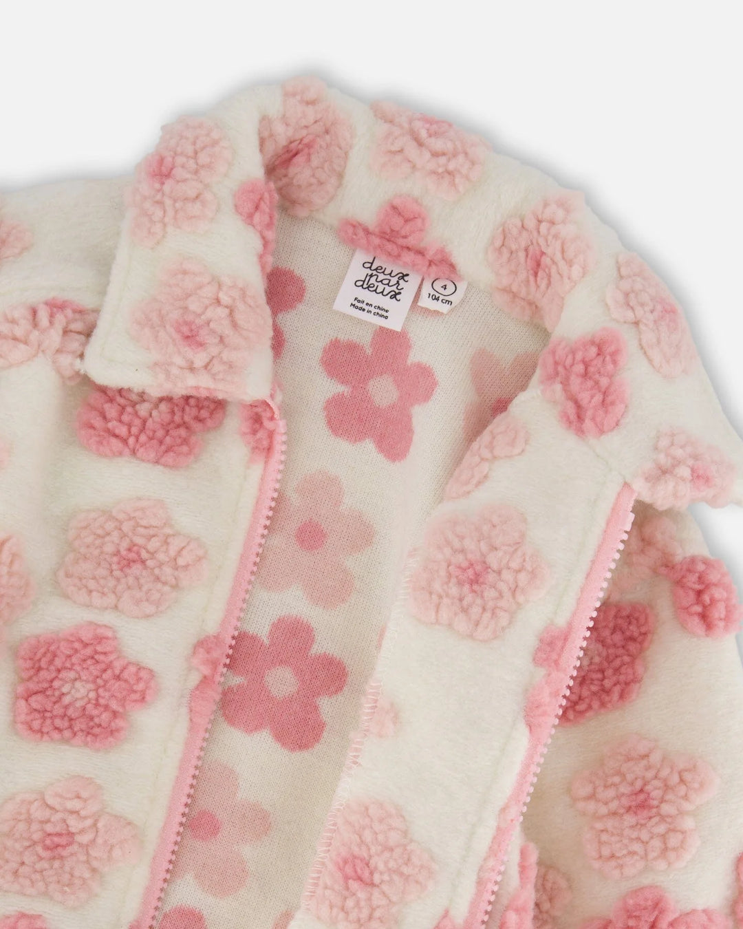 Deux Par Deux Zipped Sherpa Jacket - Off White/Pink with Flowers