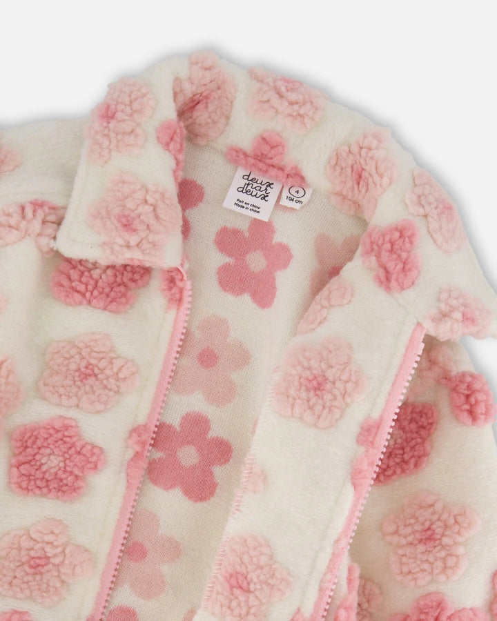 Deux Par Deux Zipped Sherpa Jacket - Off White/Pink with Flowers