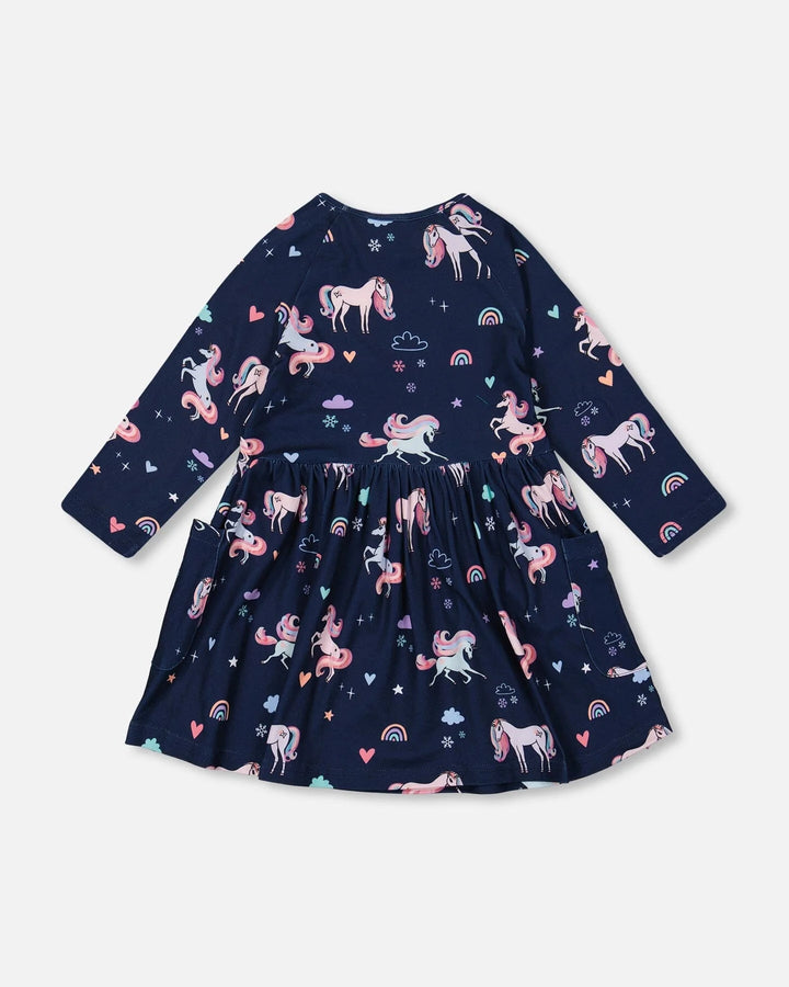 Deux Par Deux Jersey Printed Pockets Dress - Navy Unicorn