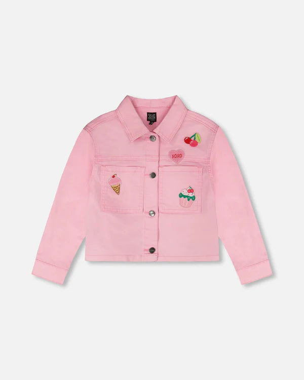 Deux Par Deux Jean Jacket with Embroidered Patches - Prism Pink