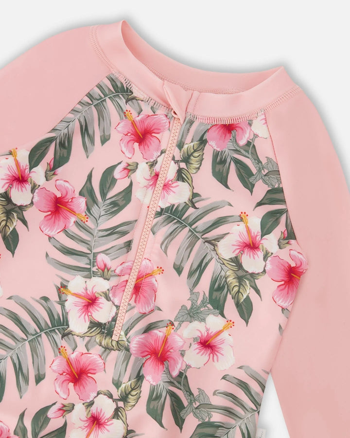 Deux Par Deux Long Sleeve Rashguard - Pink Hibiscus