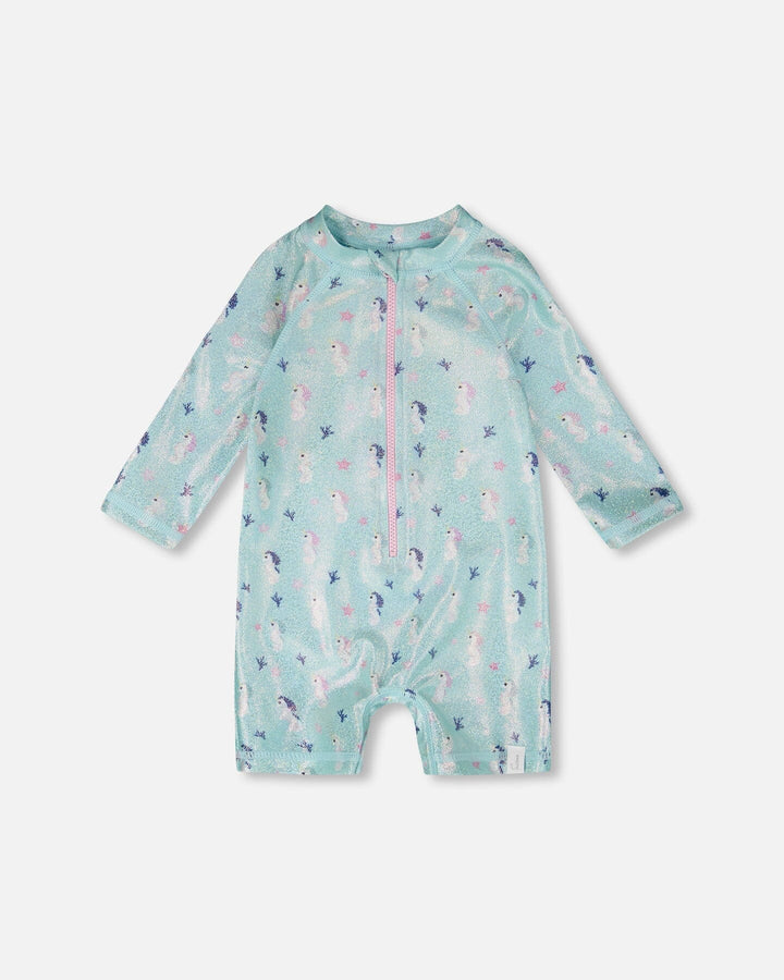 Deux Par Deux Long Sleeve One-Piece Rashgaurd - Blue Seahorse
