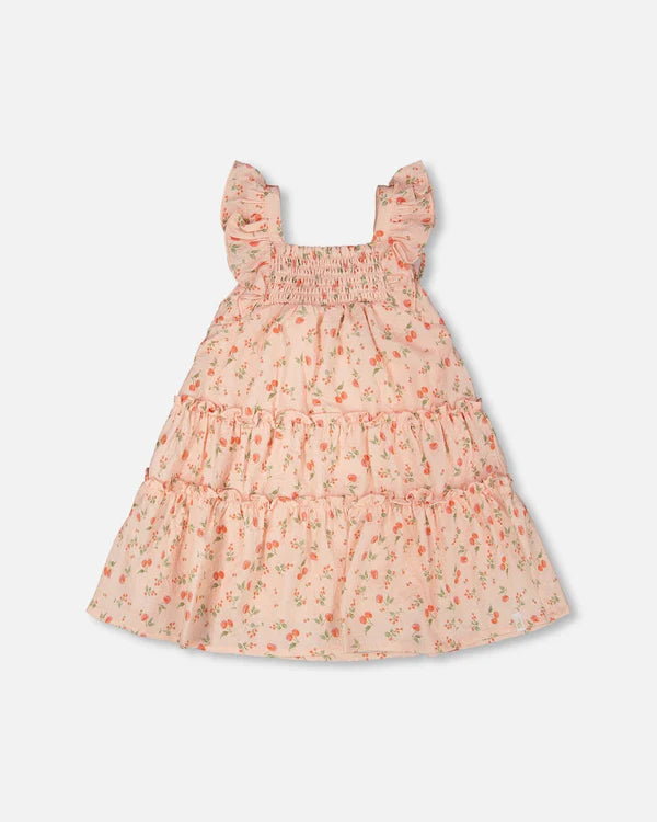 Deux Par Deux Multi-Tiered Smock Dress - Printed Cherry Coral