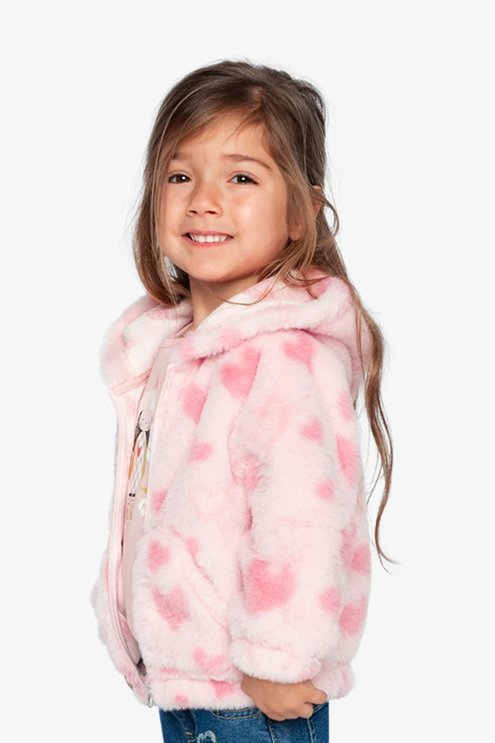 Deux Par Deux Hooded Full Zip Fake Fur Jacket - Jacquard Hearts