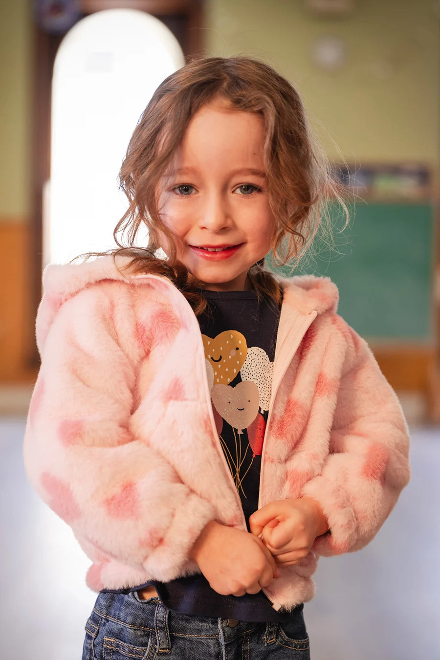 Deux Par Deux Hooded Full Zip Fake Fur Jacket - Jacquard Hearts