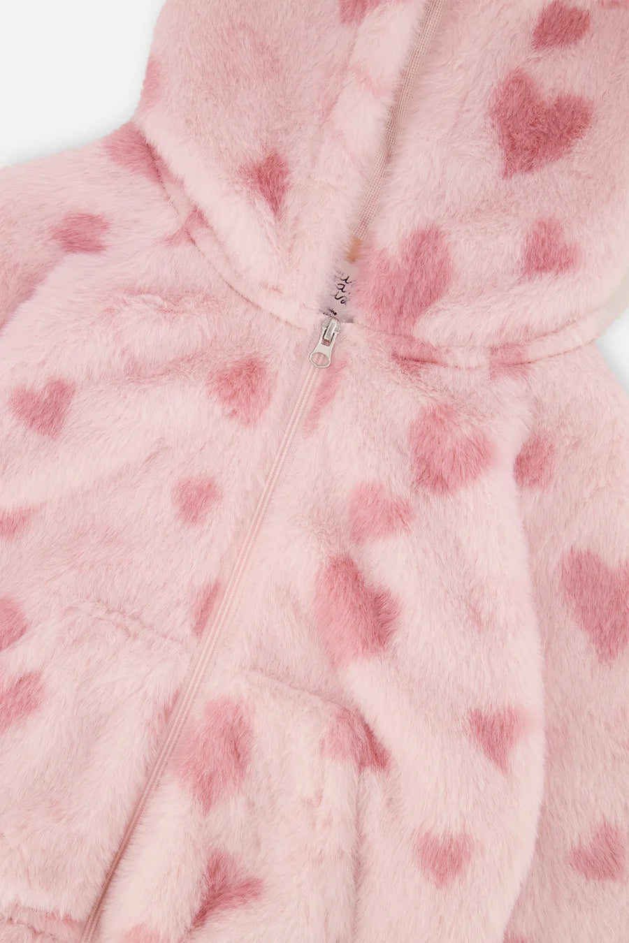 Deux Par Deux Hooded Full Zip Fake Fur Jacket - Jacquard Hearts
