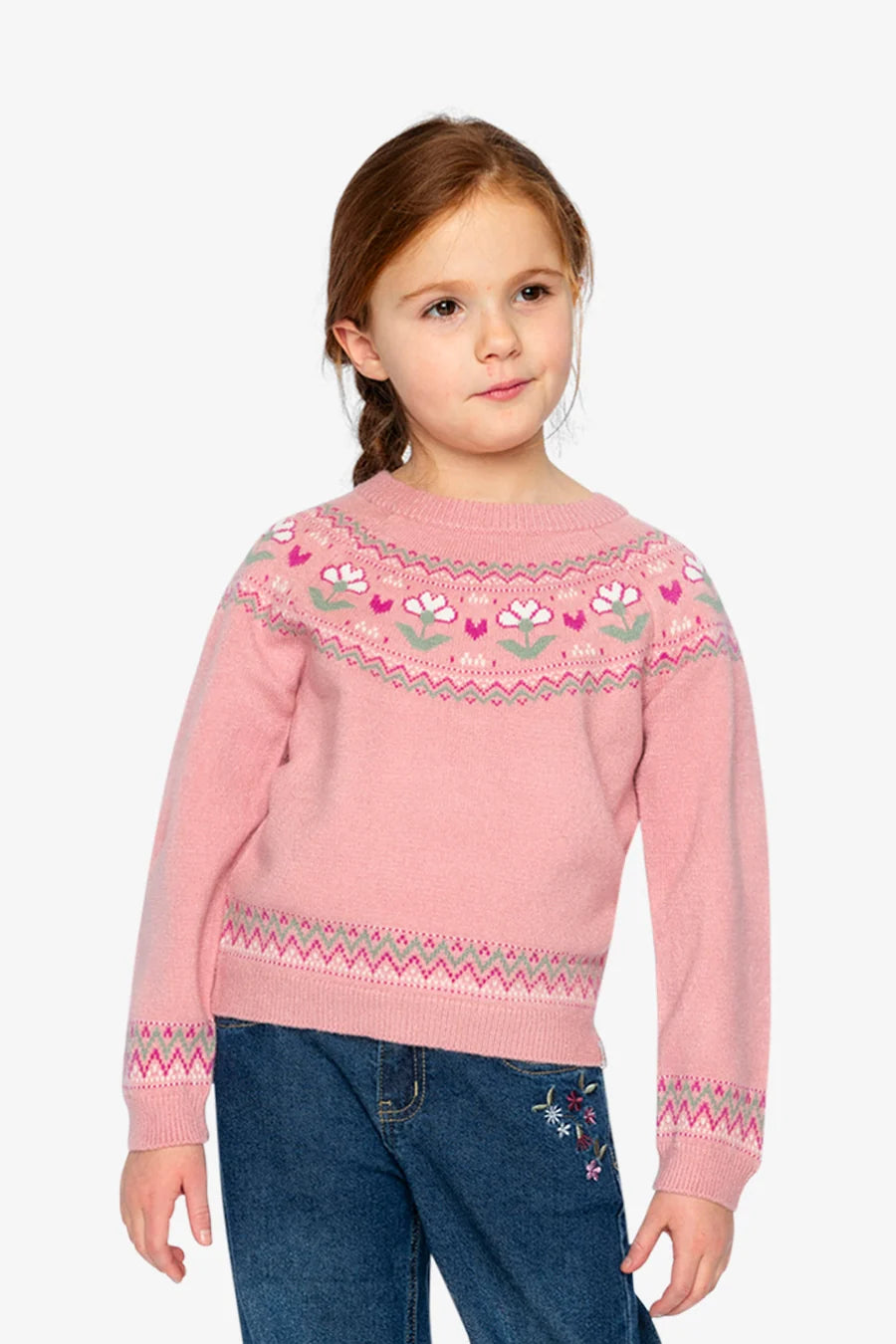 Deux Par Deux Sweater with Flower Jacquard - Pale Dusty Rose