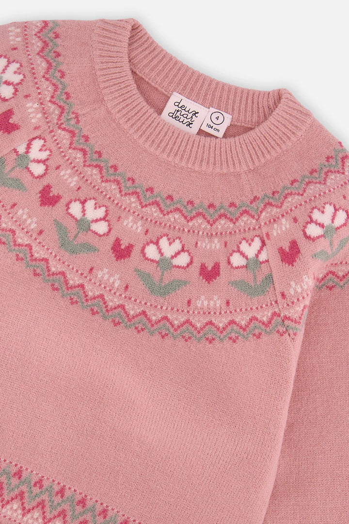 Deux Par Deux Sweater with Flower Jacquard - Pale Dusty Rose
