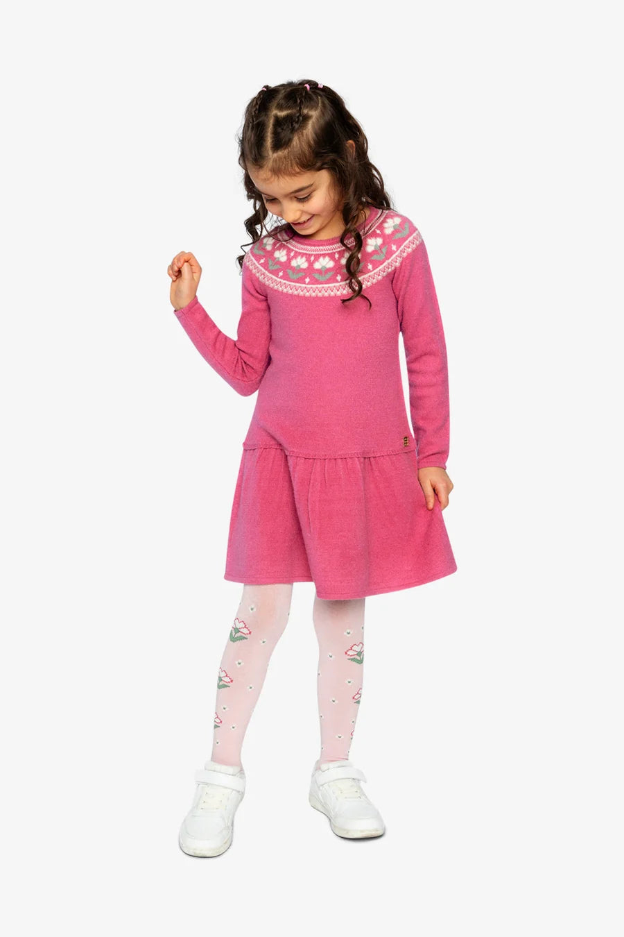 Deux Par Deux Knitted Dress with Flower Jacquard - Raspberry Pink